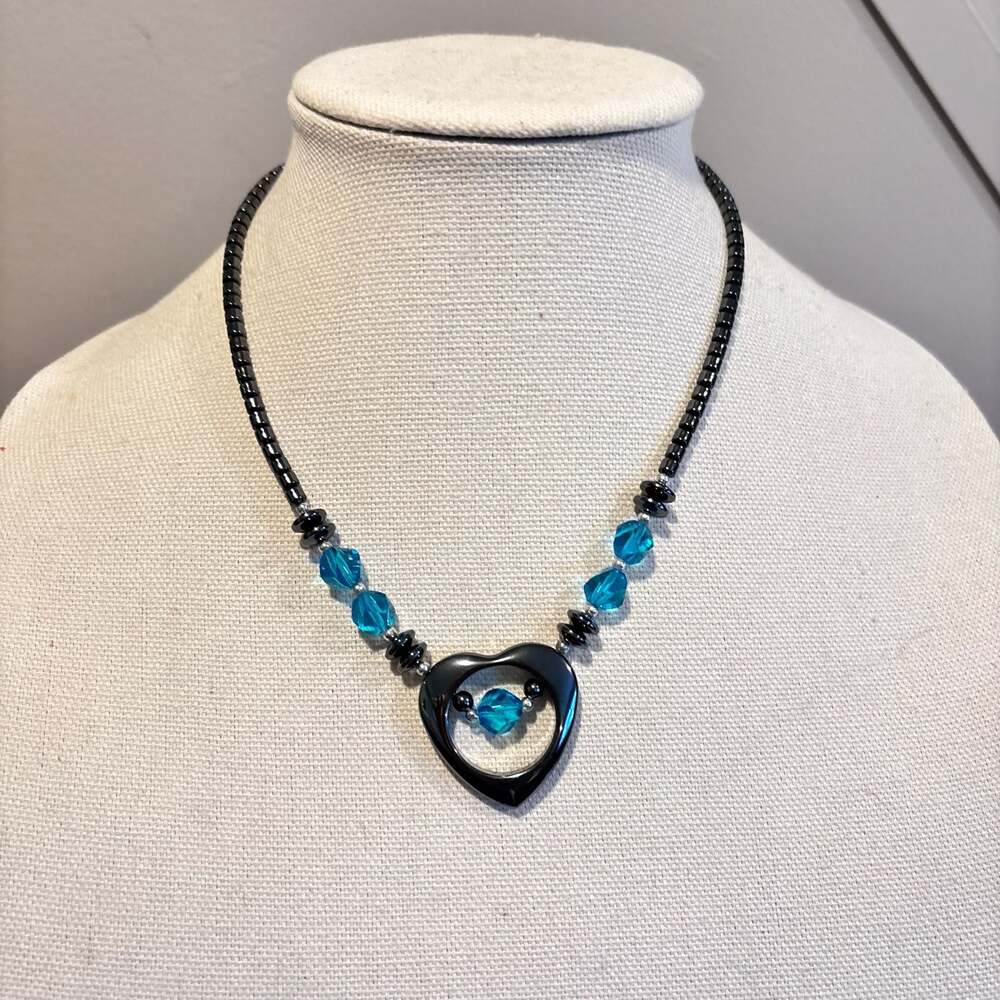 Vintage Hematite Beaded Necklace Open Heart Pendant Blue Crystal Beads